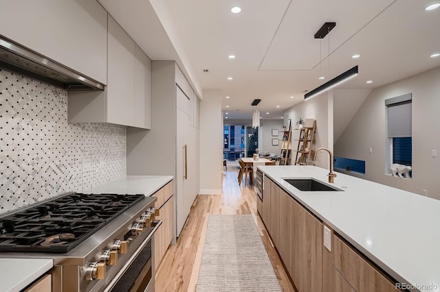 3232 W 16th Ave, Denver, CO 80204 - kitchen with modern cabinets, high end range, a sink, light wood-type flooring, and light countertops