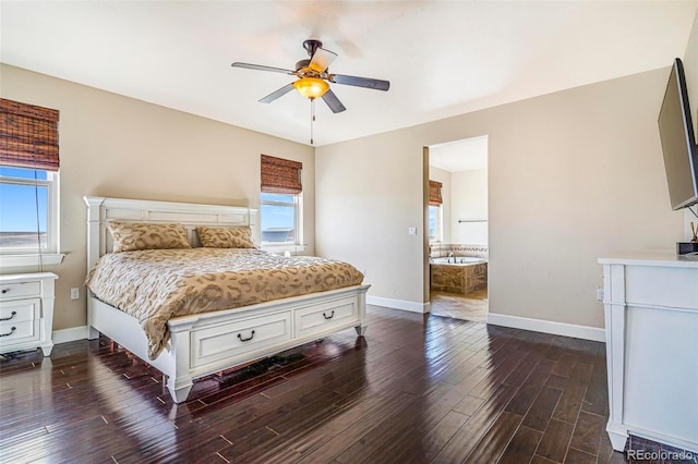 7172 S Oakleaf St, Bennett, CO 80102 - bedroom featuring ensuite bath, ceiling fan, baseboards, and dark wood-style floors