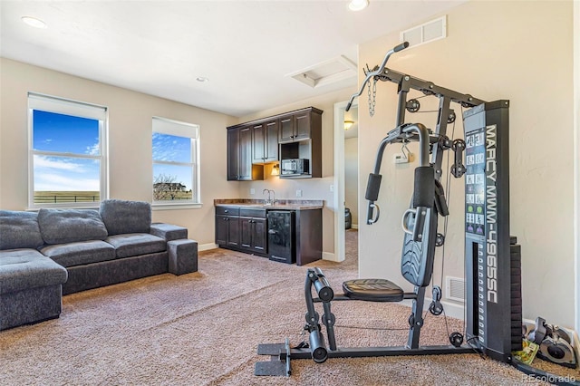 7172 S Oakleaf St, Bennett, CO 80102 - workout room with a sink, beverage cooler, indoor wet bar, light carpet, and visible vents