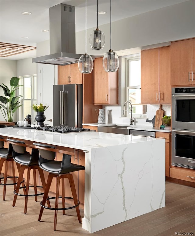 kitchen featuring light wood-type flooring, stainless steel appliances, island exhaust hood, and a center island