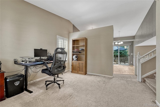 21789 Farmingdale Way, Parker, CO 80138 - carpeted home office with a chandelier and lofted ceiling