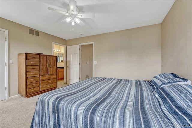 21789 Farmingdale Way, Parker, CO 80138 - bedroom featuring light colored carpet, ceiling fan, and ensuite bathroom