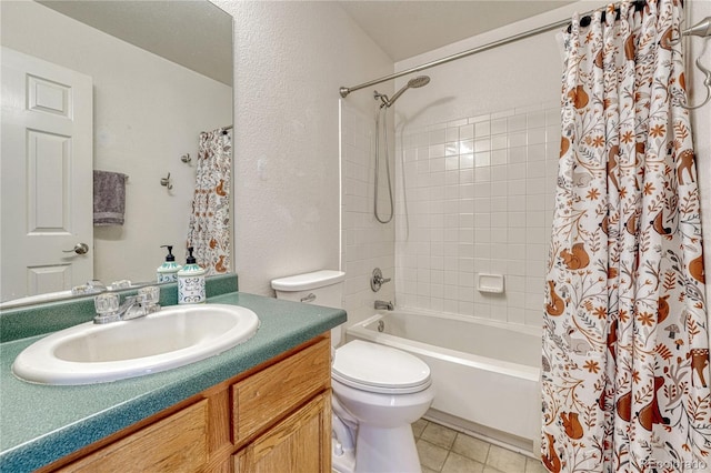 21789 Farmingdale Way, Parker, CO 80138 - bathroom with vanity, shower / bathtub combination with curtain, tile patterned flooring, and a textured wall