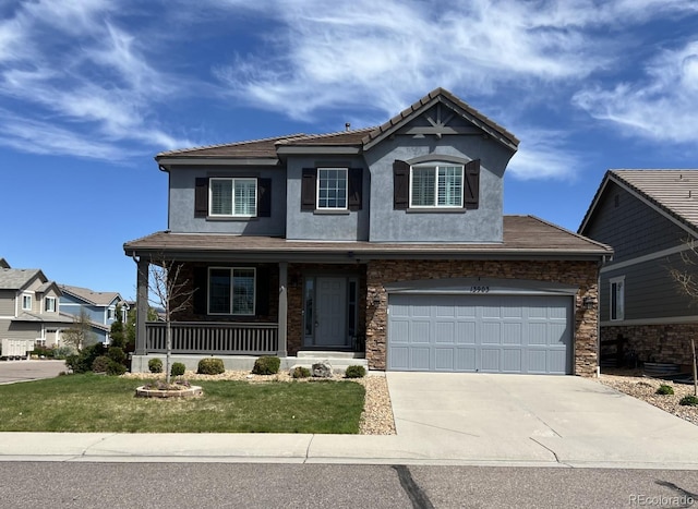 13903 Hillsboro Dr, Parker, CO 80134 - view of front of property featuring covered porch, a front yard, concrete driveway, stucco siding, and a tiled roof