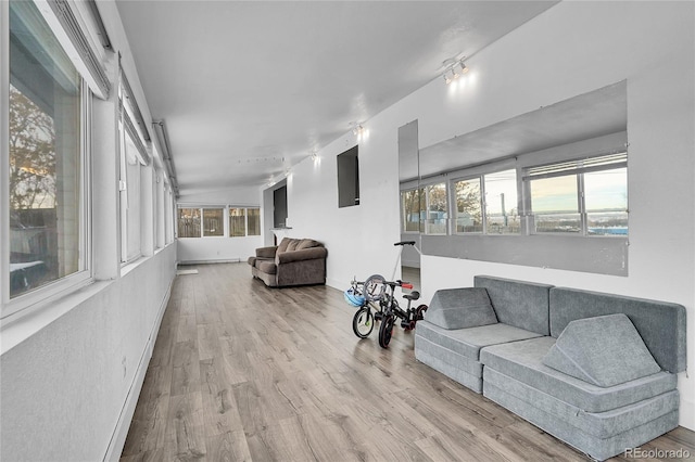 living room with a healthy amount of sunlight, rail lighting, and light hardwood / wood-style floors