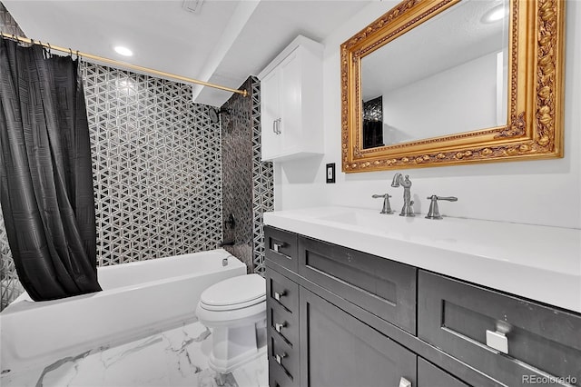 full bathroom featuring vanity, shower / bath combination with curtain, and toilet