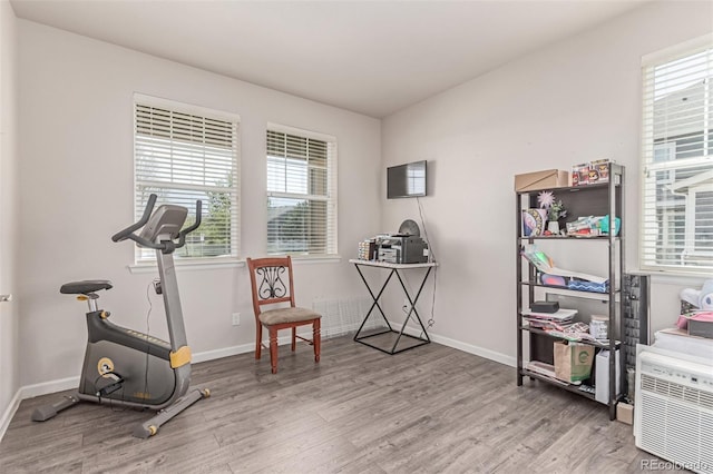 workout room featuring wood finished floors, plenty of natural light, and baseboards