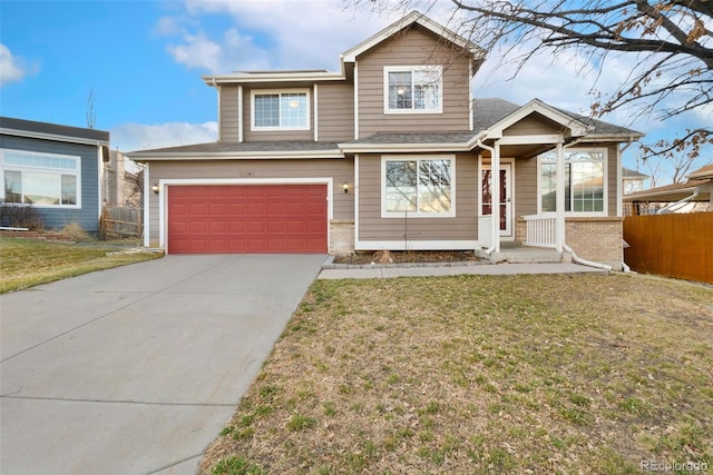 view of front facade featuring concrete driveway, brick siding, a front lawn, and fence