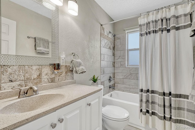 full bathroom featuring tasteful backsplash, vanity, toilet, shower / bathtub combination with curtain, and a textured ceiling