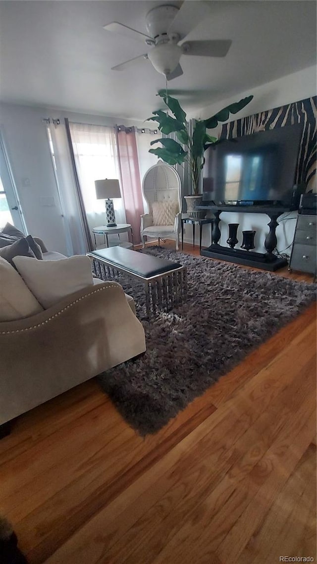 living room with a ceiling fan and wood finished floors