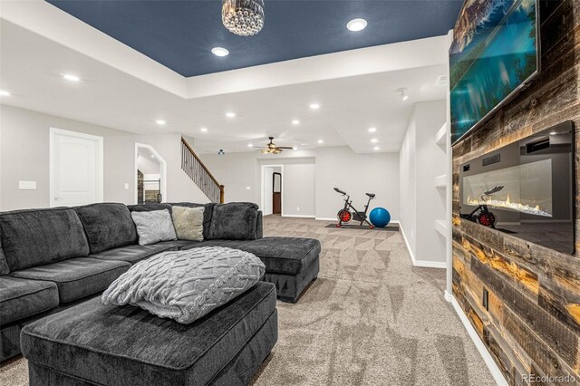 3434 Antelope Ridge Trl, Parker, CO 80138 - living room with stairway, light carpet, recessed lighting, baseboards, and ceiling fan