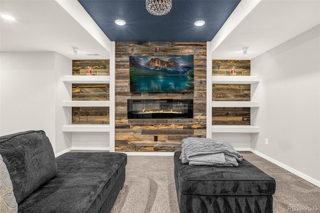 3434 Antelope Ridge Trl, Parker, CO 80138 - carpeted living area featuring baseboards, recessed lighting, a large fireplace, and built in features