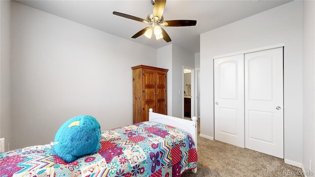 bedroom featuring a closet, ceiling fan, and carpet flooring