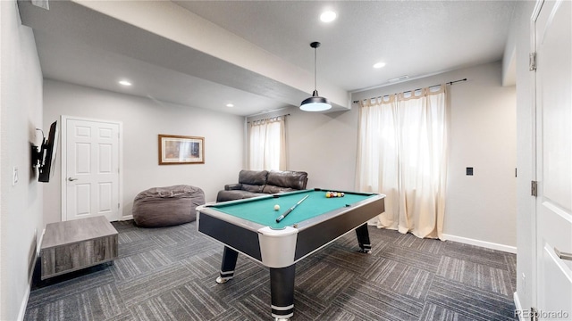 playroom featuring dark carpet and billiards