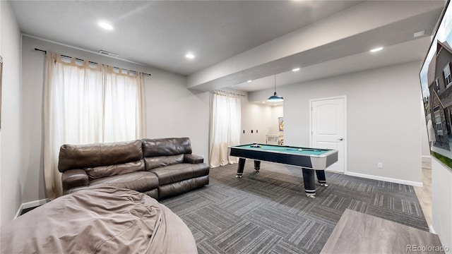 rec room featuring dark colored carpet and pool table