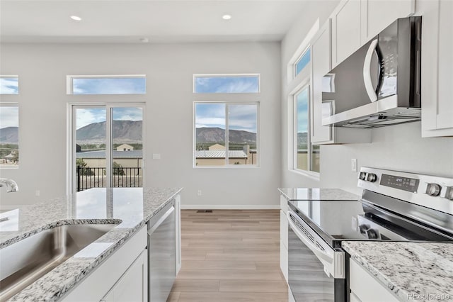 241 N Front St Unit 103, Monument, CO 80132 - kitchen featuring white cabinets, a sink, recessed lighting, light stone countertops, and appliances with stainless steel finishes