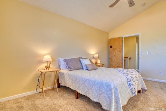 bedroom with lofted ceiling, carpet floors, and ceiling fan