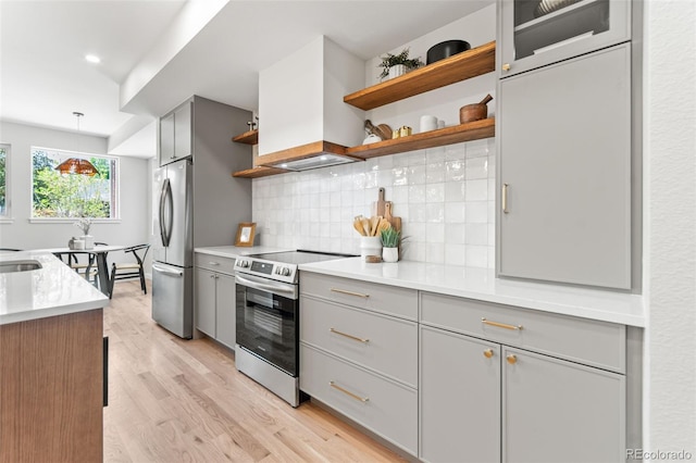 1046 N Knox Ct, Denver, CO 80204 - kitchen featuring gray cabinets, stainless steel appliances, open shelves, custom exhaust hood, and light wood-style flooring