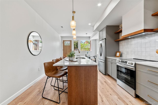 1046 N Knox Ct, Denver, CO 80204 - kitchen with gray cabinets, stainless steel appliances, open shelves, backsplash, and recessed lighting