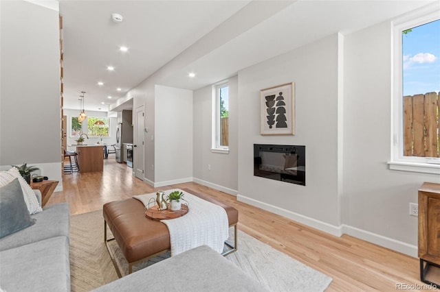 1046 N Knox Ct, Denver, CO 80204 - living room featuring light wood-type flooring, recessed lighting, and a glass covered fireplace