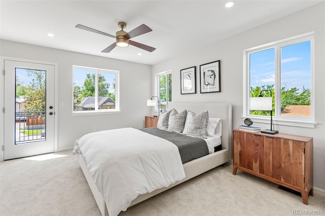 1046 N Knox Ct, Denver, CO 80204 - bedroom with access to outside, light carpet, recessed lighting, and a ceiling fan