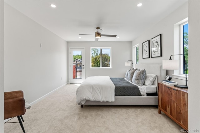 1046 N Knox Ct, Denver, CO 80204 - bedroom with access to exterior, light carpet, recessed lighting, and ceiling fan