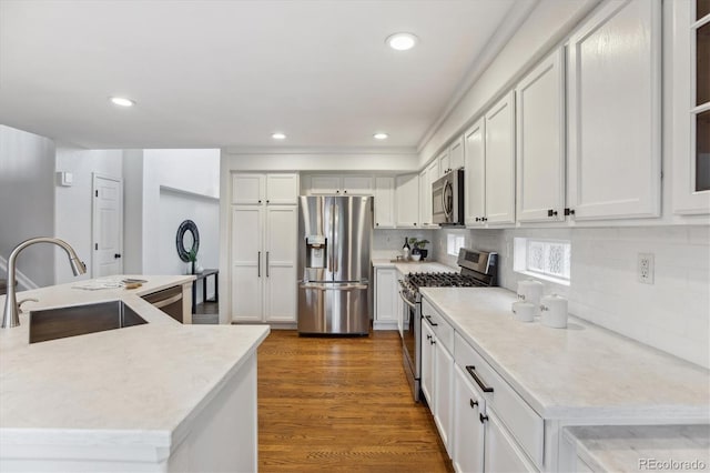 4526 Lyndenwood Pt, Highlands Ranch, CO 80130 - kitchen with appliances with stainless steel finishes, a sink, backsplash, recessed lighting, and wood finished floors