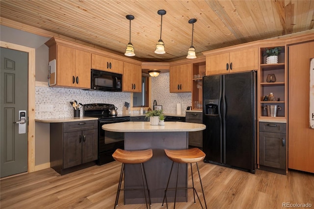 96 Mountain Side Dr Unit B61, Granby, CO 80446 - kitchen with black appliances, wood ceiling, light countertops, open shelves, and tasteful backsplash