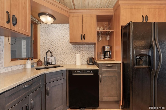 96 Mountain Side Dr Unit B61, Granby, CO 80446 - kitchen featuring black appliances, a sink, backsplash, light countertops, and wood ceiling