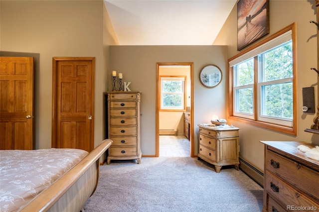33 Sparrow Ct, Bailey, CO 80421 - bedroom featuring light colored carpet, a baseboard radiator, vaulted ceiling, and ensuite bath