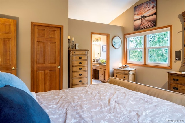33 Sparrow Ct, Bailey, CO 80421 - bedroom featuring vaulted ceiling and ensuite bathroom