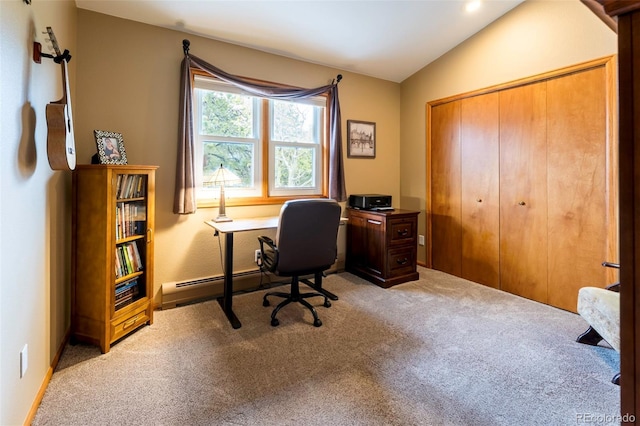 33 Sparrow Ct, Bailey, CO 80421 - office area featuring carpet, a baseboard heating unit, and lofted ceiling
