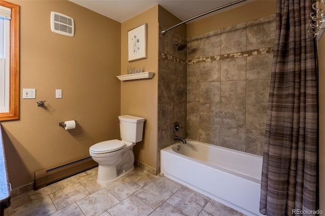 33 Sparrow Ct, Bailey, CO 80421 - full bathroom featuring a baseboard heating unit, shower / bath combo with shower curtain, and tile patterned floors