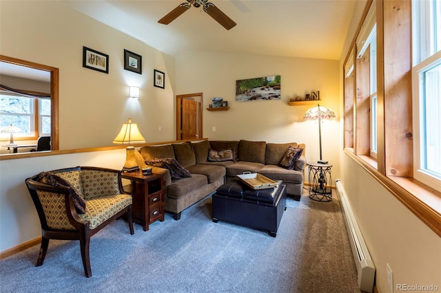 33 Sparrow Ct, Bailey, CO 80421 - carpeted living area with lofted ceiling, baseboard heating, and a ceiling fan