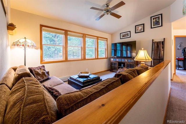 33 Sparrow Ct, Bailey, CO 80421 - living area featuring carpet floors, lofted ceiling, ceiling fan, and a baseboard radiator