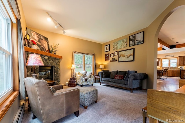 33 Sparrow Ct, Bailey, CO 80421 - carpeted living area with baseboard heating, arched walkways, track lighting, and a stone fireplace