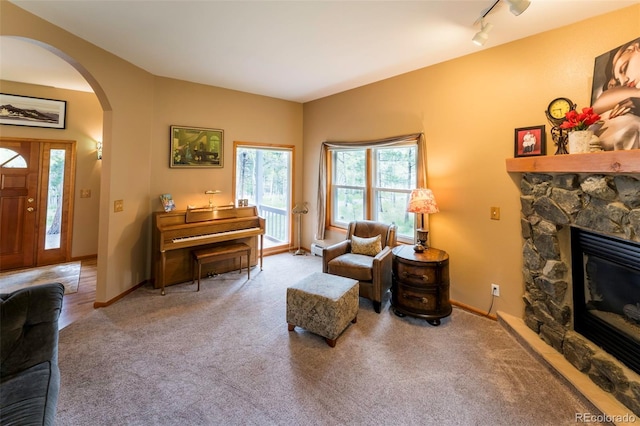 33 Sparrow Ct, Bailey, CO 80421 - carpeted living area featuring arched walkways, a stone fireplace, and track lighting