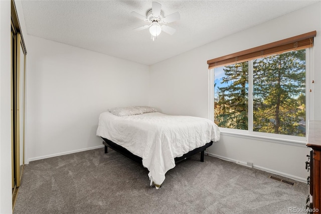 carpeted bedroom with multiple windows, ceiling fan, a closet, and a textured ceiling