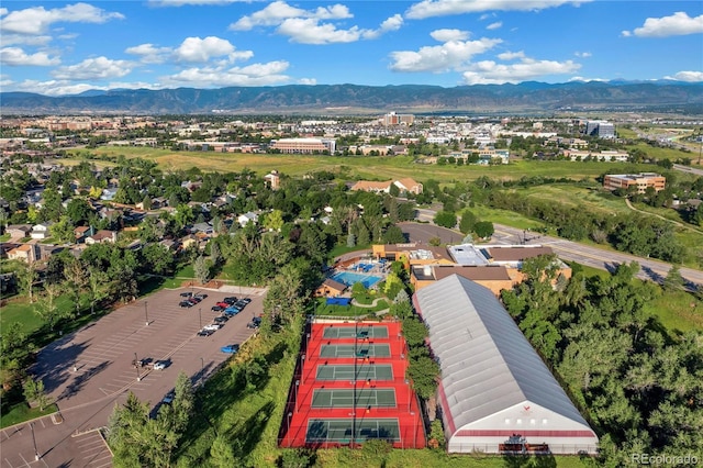 drone / aerial view featuring a mountain view