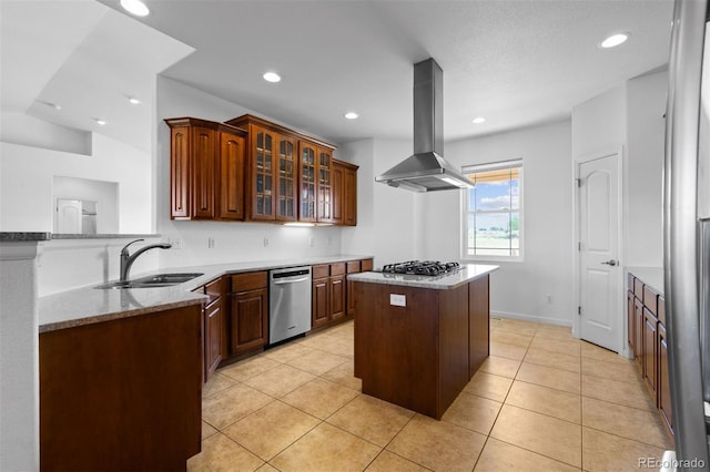 kitchen featuring a kitchen island, light tile patterned flooring, sink, appliances with stainless steel finishes, and island range hood