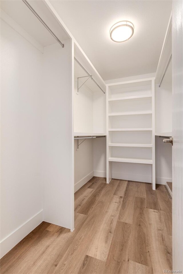 walk in closet with light wood-type flooring