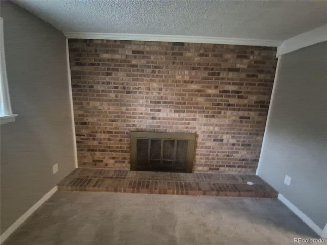 1962 S Ivory Way, Aurora, CO 80013 - unfurnished living room with baseboards, a brick fireplace, carpet flooring, and a textured ceiling