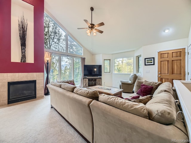 11526 Green Cir, Conifer, CO 80433 - carpeted living room featuring a ceiling fan, a fireplace, high vaulted ceiling, and recessed lighting