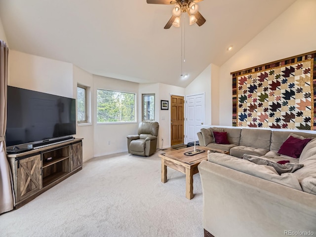 11526 Green Cir, Conifer, CO 80433 - living area with carpet flooring, a ceiling fan, vaulted ceiling, and recessed lighting