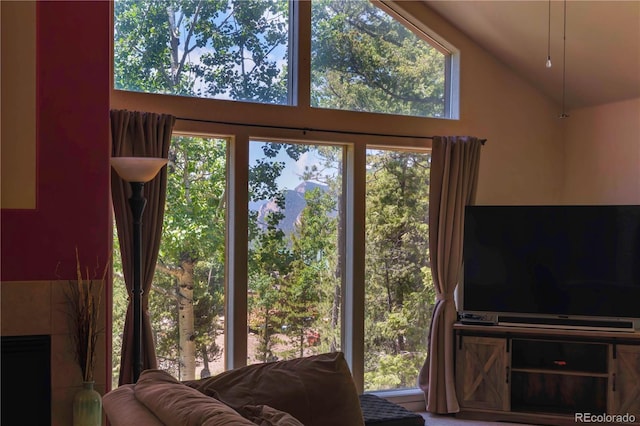 11526 Green Cir, Conifer, CO 80433 - living room featuring plenty of natural light and high vaulted ceiling