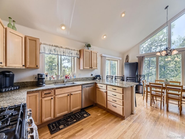 11526 Green Cir, Conifer, CO 80433 - kitchen featuring appliances with stainless steel finishes, a peninsula, light brown cabinetry, light wood finished floors, and lofted ceiling