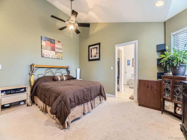 11526 Green Cir, Conifer, CO 80433 - bedroom with lofted ceiling, carpet floors, ensuite bath, and ceiling fan
