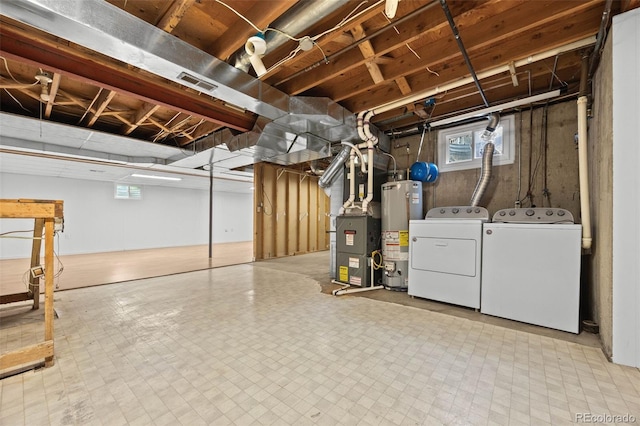 888 E Davies Ave, Centennial, CO 80122 - basement with gas water heater, washing machine and clothes dryer, tile patterned floors, and heating unit