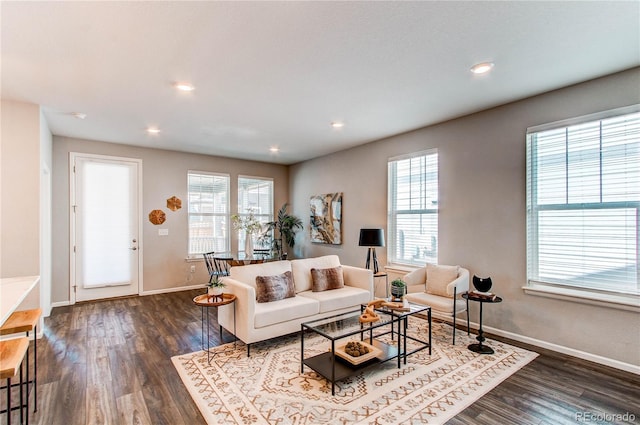 living area featuring a healthy amount of sunlight, baseboards, and dark wood-type flooring