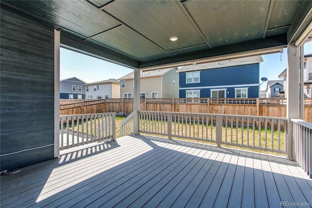 wooden deck with a fenced backyard and a residential view